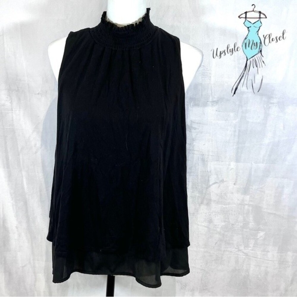 Black smocked mock neck double layer flowy top size large